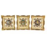 Set of three oval hand painted portrait miniatures, each housed in ornate gilt and cream carved wood