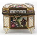 Limoges style porcelain casket decorated with classical figures and flowers, 14cm high :For