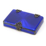 Continental unmarked silver blue guilloche enamel box with hinged lid and marcasite mounts, 7.5cm