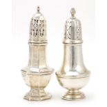 Two baluster shaped sugar casters, including one with octagonal body, by Mappin & Webb, the