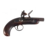 19th Century flintlock overcoat pistol with half-octagonal and half rounded barrel, 22cm wide :For