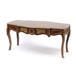 French inlaid centre table with gilt metal mounts, raised on cabriole legs, 50.5cm H x 111cm W x
