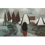 Manner of Markey Robinson - Figure before cottages and moored boats, Irish School oil onto board,