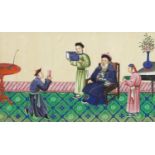 Chinese pith painting of an Emporer in an interior, mounted and framed, 29cm x 17.5cm :For Further