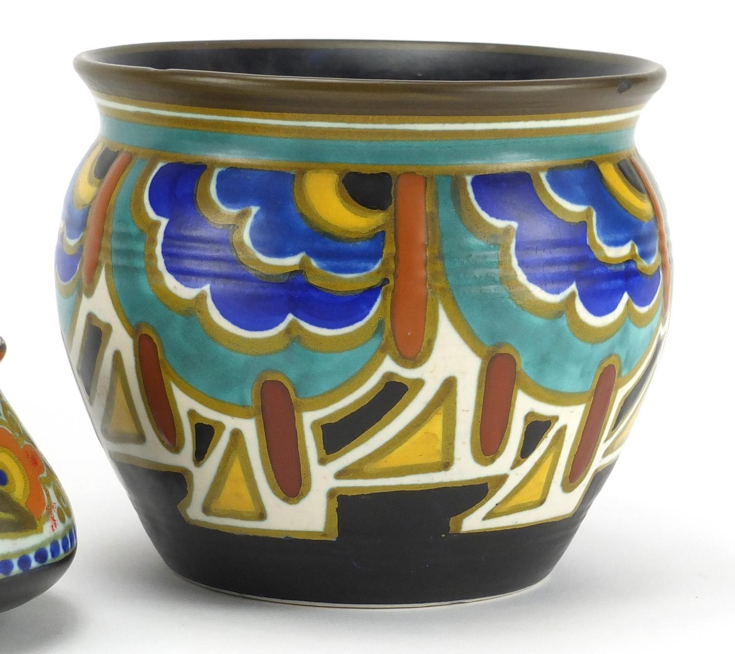 Dutch Art art pottery by Gouda comprising miniature jardinière, vase and four footed planter, each - Image 3 of 6