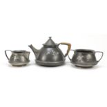 Arts & Crafts Liberty & Co Tudric pewter three piece tea designed by Archibald Knox, impressed marks
