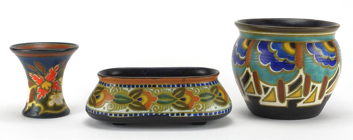 Dutch Art art pottery by Gouda comprising miniature jardinière, vase and four footed planter, each - Image 4 of 6