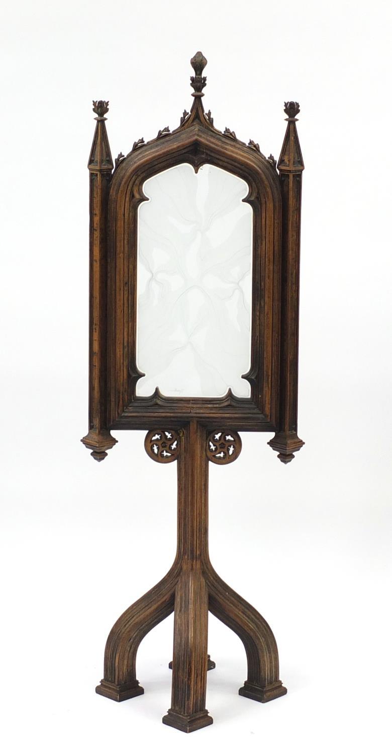 Pugin style Gothic floor standing screen with etched glass panel, 125.5cm high :For Further