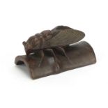 Japanese patinated bronze study of a fly, snail and scorpion, impressed character marks to the base,