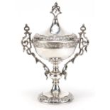 Silver plated classical trophy with twin handles and cover, 30cm high :For Further Condition Reports
