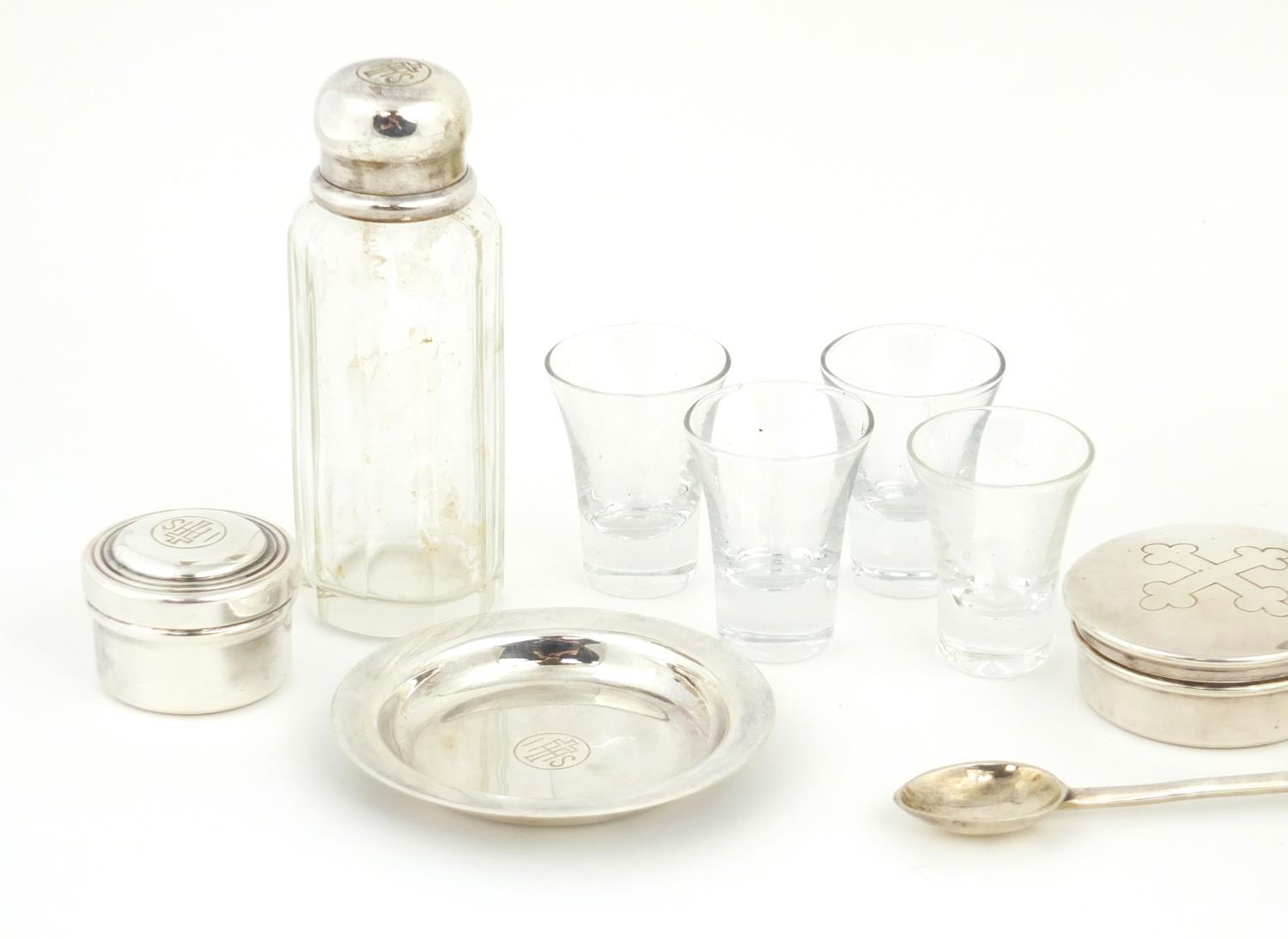 Two travelling holy communion sets, one by William Beardsley, the glass bottles with silver lids, - Image 3 of 7