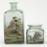 Continental glass bottle hand painted with classical figures in a landscape and a similar pot, the