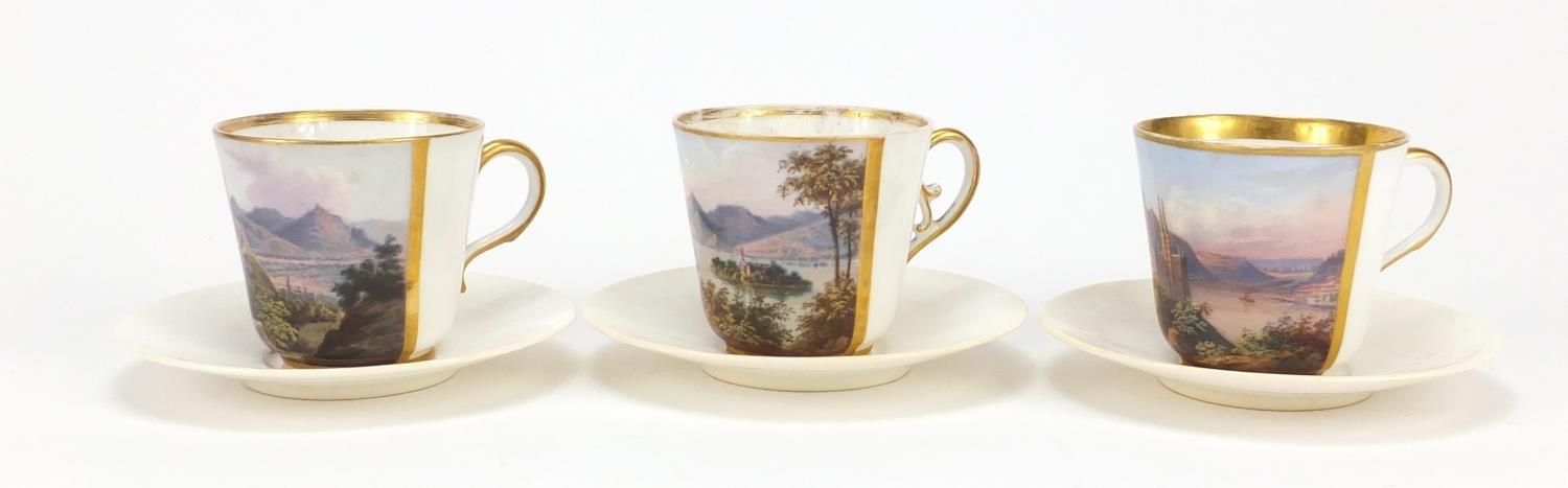 Three 19th Century continental porcelain cabinet cups and saucers, each cup finely hand painted with - Image 5 of 7