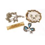 Four Victorian and later brooches, some set with turquoise and clear stones, the largest 4.5cm in