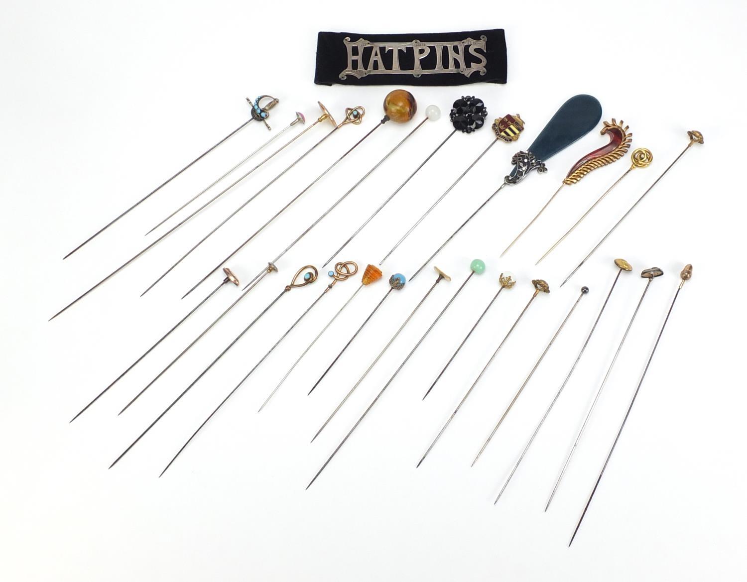 Collection of vintage hat pins including one unmarked gold, some enamelled, cameo and turquoise, the