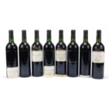 Eight bottles of Chateau Taffard de Blaignan Medoc red wine, five bottles with labels dated 1998 :