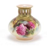 Royal Worcester vase hand painted with roses, factory marks to the base, 10.5cm high :For Further