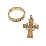 9ct gold clear stone eternity ring, size L, 3.4g and a gold coloured metal cross pendant, 1.8g :