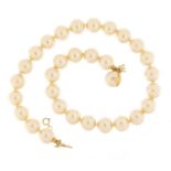 Majorica simulated pearl necklace with silver gilt clasp, with box and certificate, 40cm in