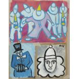 Manner of Markey Robinson - Clowns, three gouaches on paper, unframed, the largest, 41.5cm x 30.