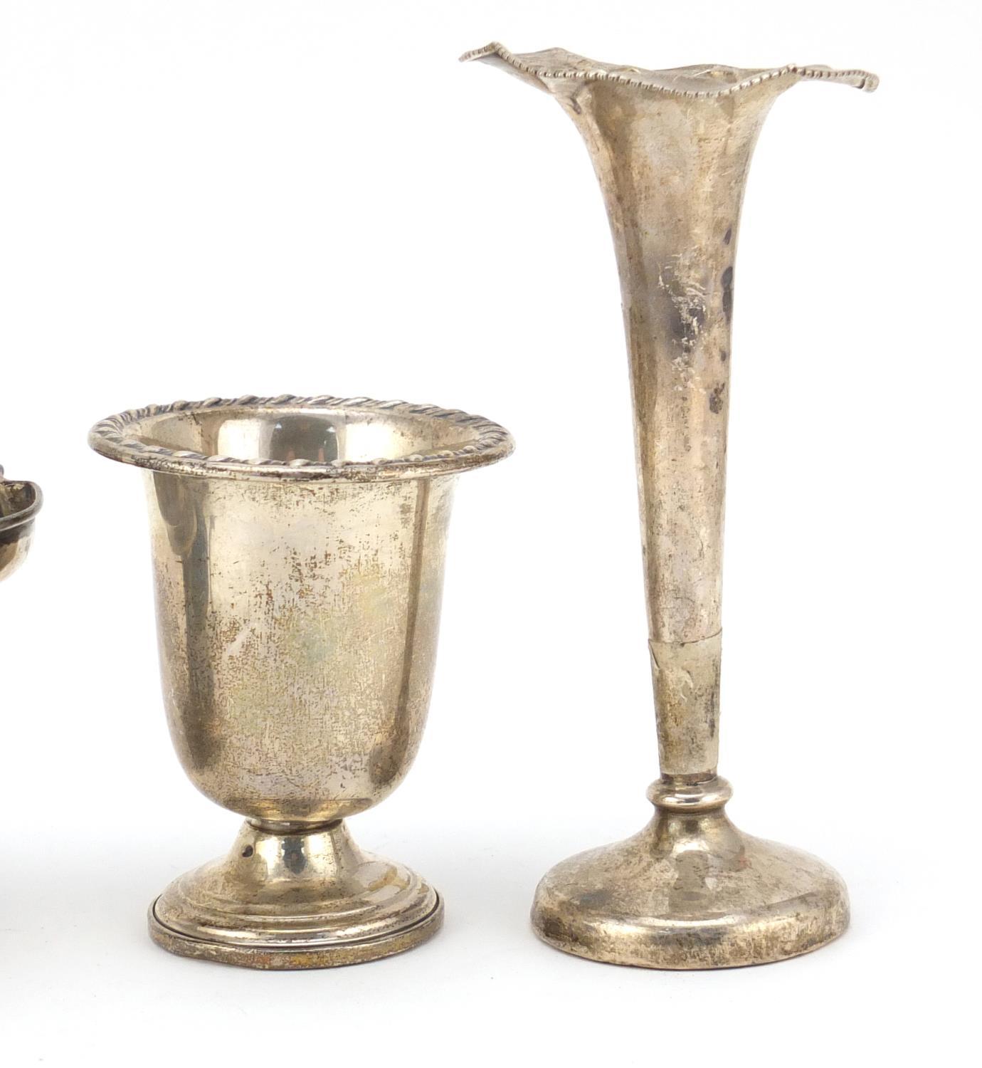 Silver items comprising two vases, a pedestal bonbon dish and a Victorian shell shaped open salt, - Image 4 of 12