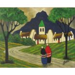 Manner of Markey Robinson - Figures before cottages and mountains, Irish school oil on canvas,