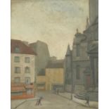 Germaine Nepoty - figures on a street, French school oil on board, inscribed label verso, framed,