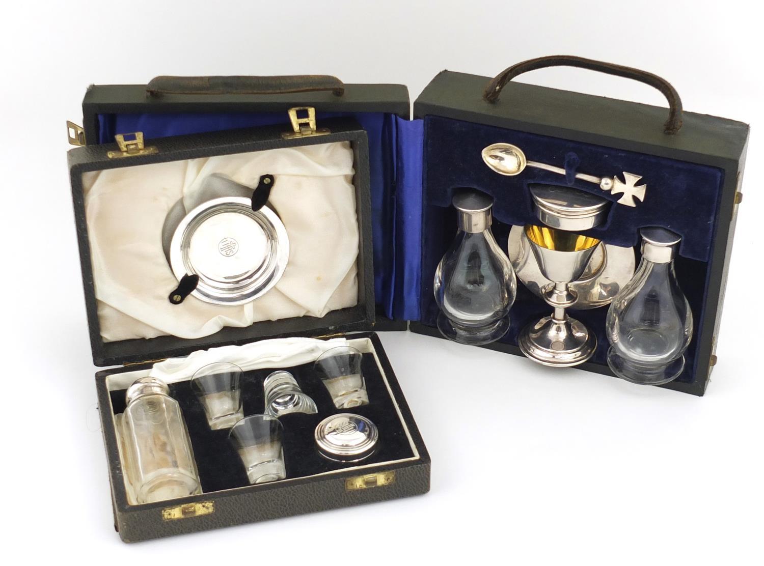 Two travelling holy communion sets, one by William Beardsley, the glass bottles with silver lids,