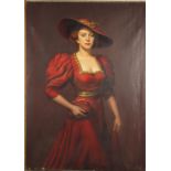 Kryil Vassilev 1936 - Top half portrait of a female wearing a red dress, oil on canvas, unframed,