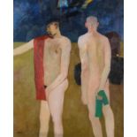 Manner of Keith Vaughan - Two nude males, Modern British oil on board, mounted and framed, 54.5cm