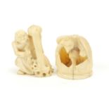 Two Japanese carved ivory Netsukes including one of a mythical bird, character marks to the base