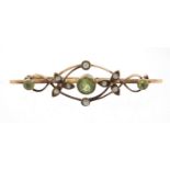 Art Nouveau 9ct gold peridot and seed pearl bar brooch, 5cm in length, 3.5g :For Further Condition
