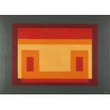 Abstract composition, geometric shapes, German school oil on board, bearing a monoram A, framed 62cm