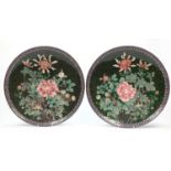 Very good pair of Japanese cloisonne chargers, each finely enamelled with blossoming flowers, each