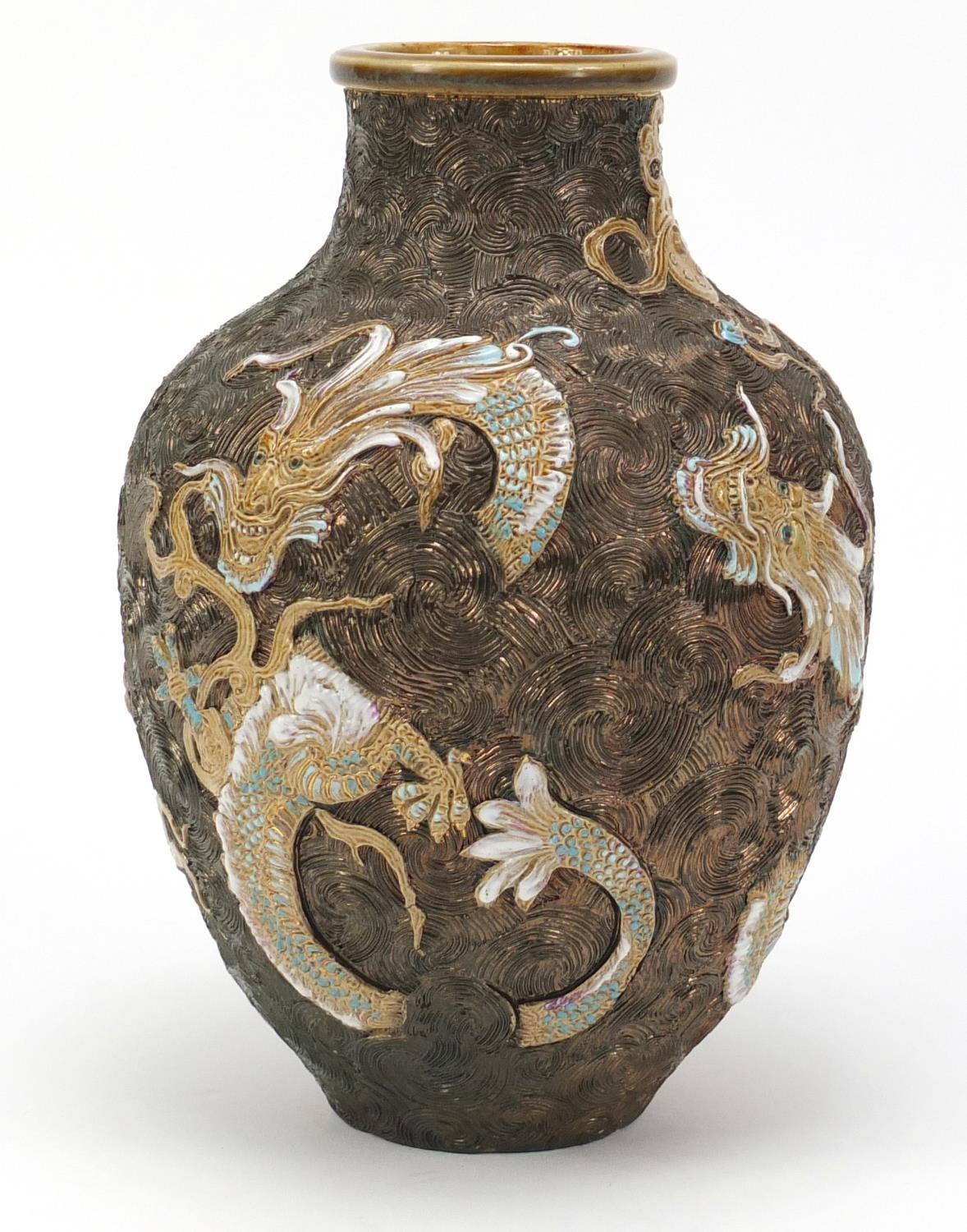 Doulton Lambeth stoneware dragon vase by Bessie Newbery, impressed marks and inscribed X2315 to