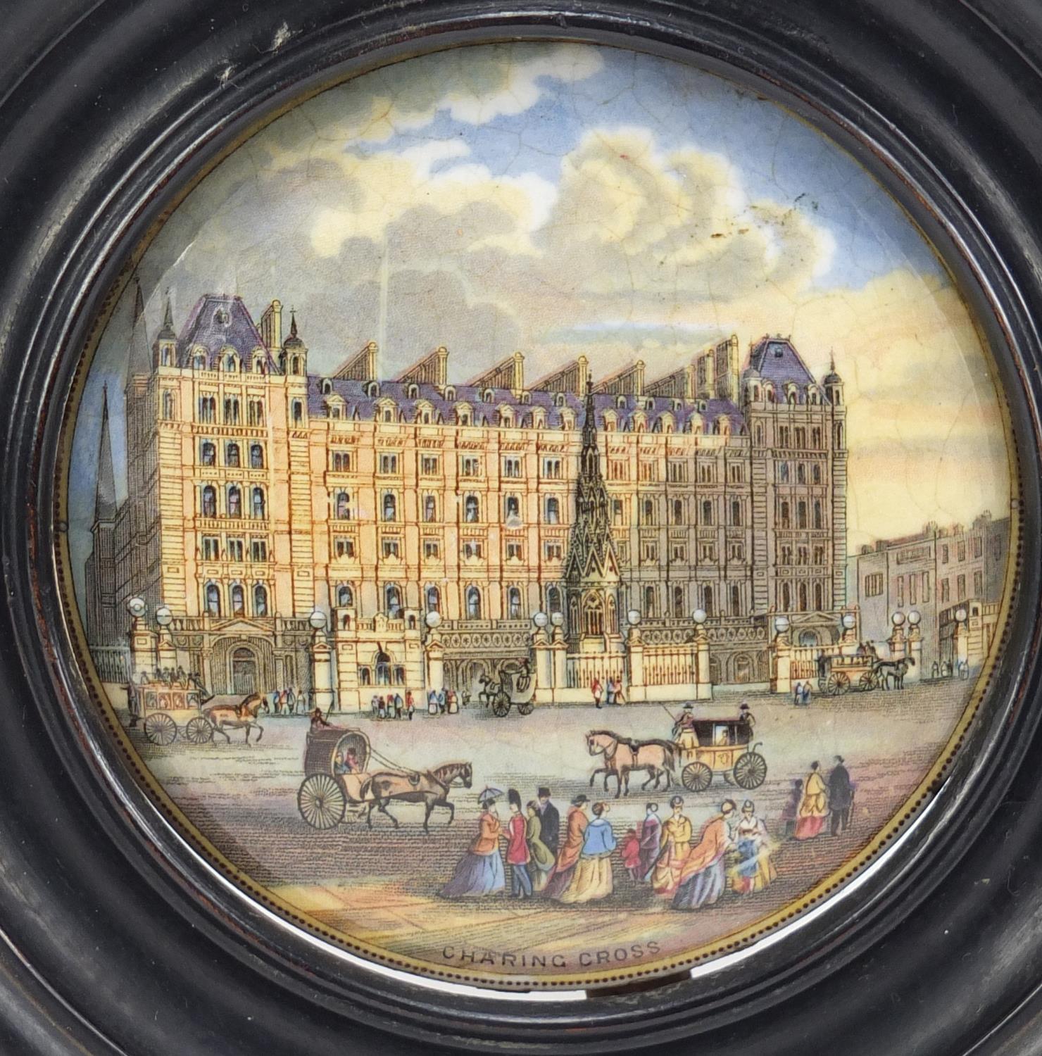 Three Victorian Prattware pot lids housed in ebonised frames comprising Crystal Palace, Interior - Image 3 of 6
