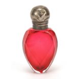 Victorian cranberry glass scent bottle with hinged silver lid, by C.C. May and Sons, Birmingham