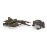 Two japanese patinated bronzes including one of a toad, the largest 11cm in length :For Further