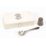 Victorian ivory box, silver spoon and silver thimble, 9cm wide :For Further Condition Reports Please