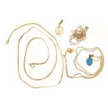 Three 9ct gold necklaces and two pendants, set with turquoise and pearl, 5.1g :For Further Condition