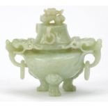 Chinese pale green jade dragon design lidded koro, with twin handles, 14cm high :For Further