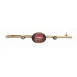 Unmarked gold pink stone and diamond bar brooch, housed in a Mappin & Webb tooled leather box, 4.7cm