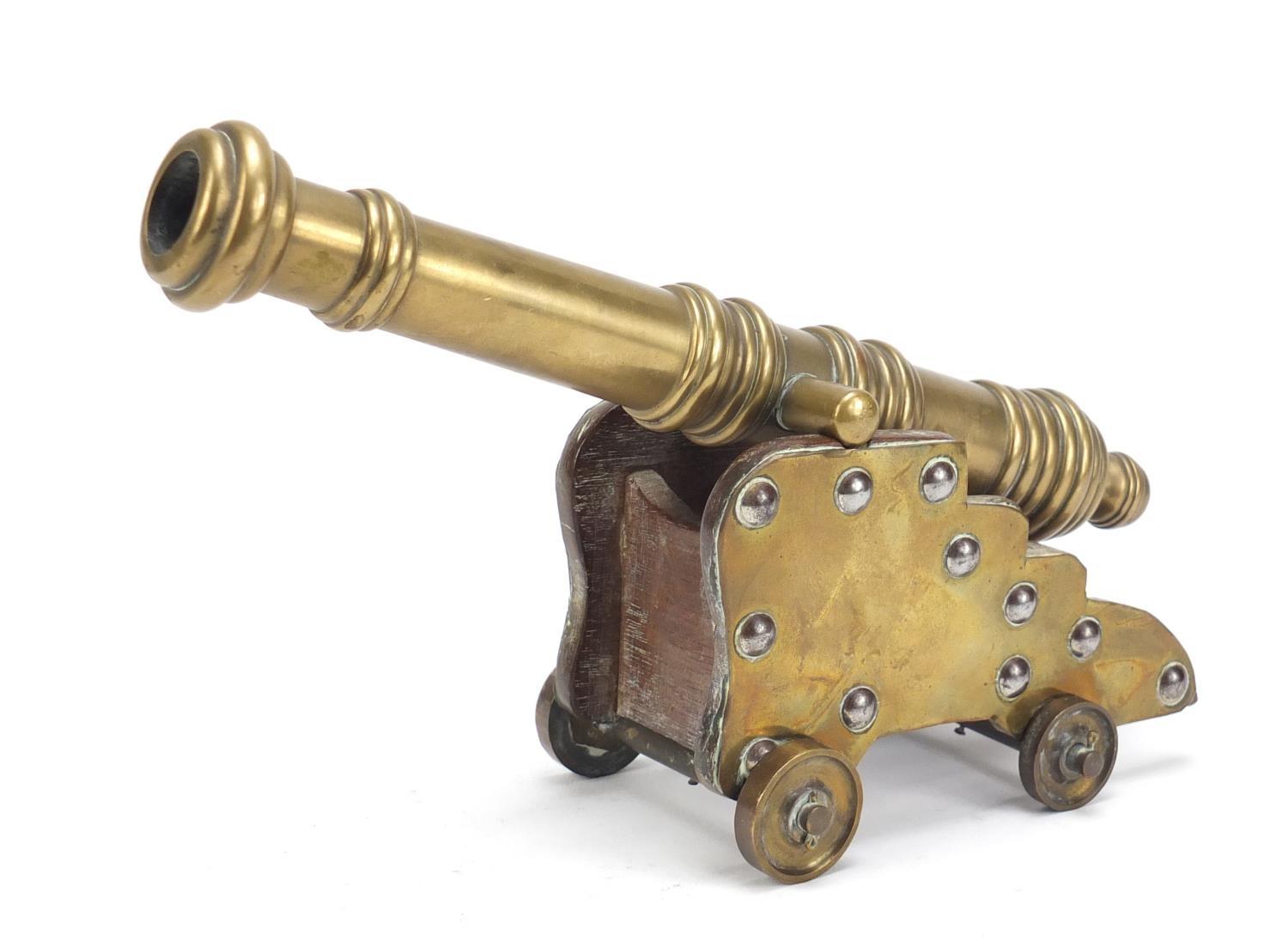 Antique brass table cannon and carriage, 24.5cm in length :For Further Condition Reports Please - Image 2 of 6