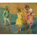 Manner of F M Boggs - Children paddling in the sea, oil on board, framed, 54cm x 45.5cm :For Further