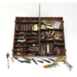 Collection of vintage fishing lures including some hand painted, possibly some by Hardy, housed in