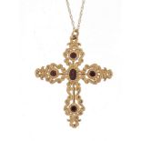 Victorian style 9ct gold cross pendant set with garnets on a 9ct gold necklace, the pendant 4.2cm
