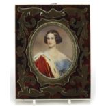 Oval hand painted portrait miniature of a female wearing a pearl necklace, housed in a tortoiseshell