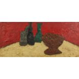 Manner of M - Still life vessels, impasto, oil onto board, mounted and framed, 73cm x 33cm :For
