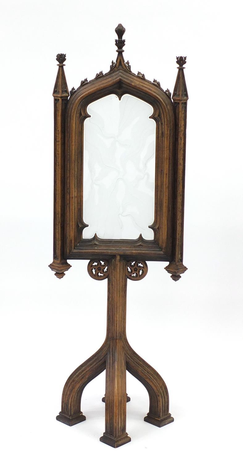 Pugin style Gothic floor standing screen with etched glass panel, 125.5cm high :For Further - Image 5 of 6