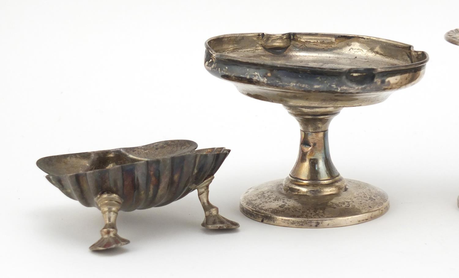 Silver items comprising two vases, a pedestal bonbon dish and a Victorian shell shaped open salt, - Image 3 of 12